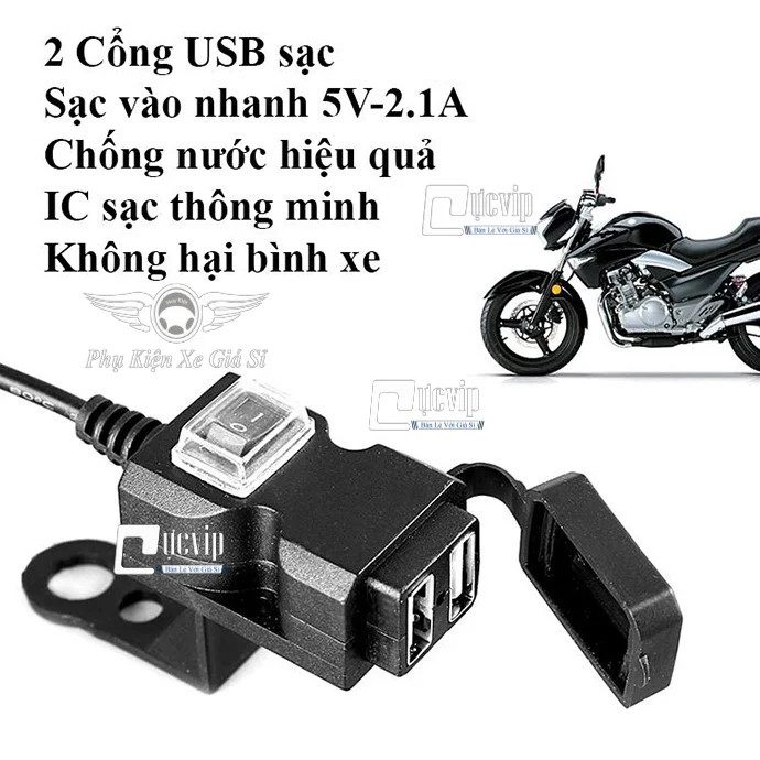 BỘ SẠC ĐIỆN THOẠI TRÊN XE MÁY 2 CỔNG USB CÓ LED