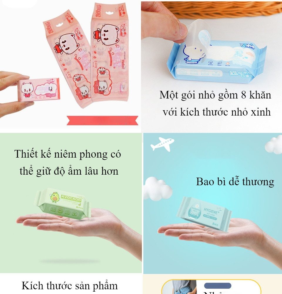 SET 8 GÓI KHĂN GIÁY ƯỚT MINI BỎ TÚI