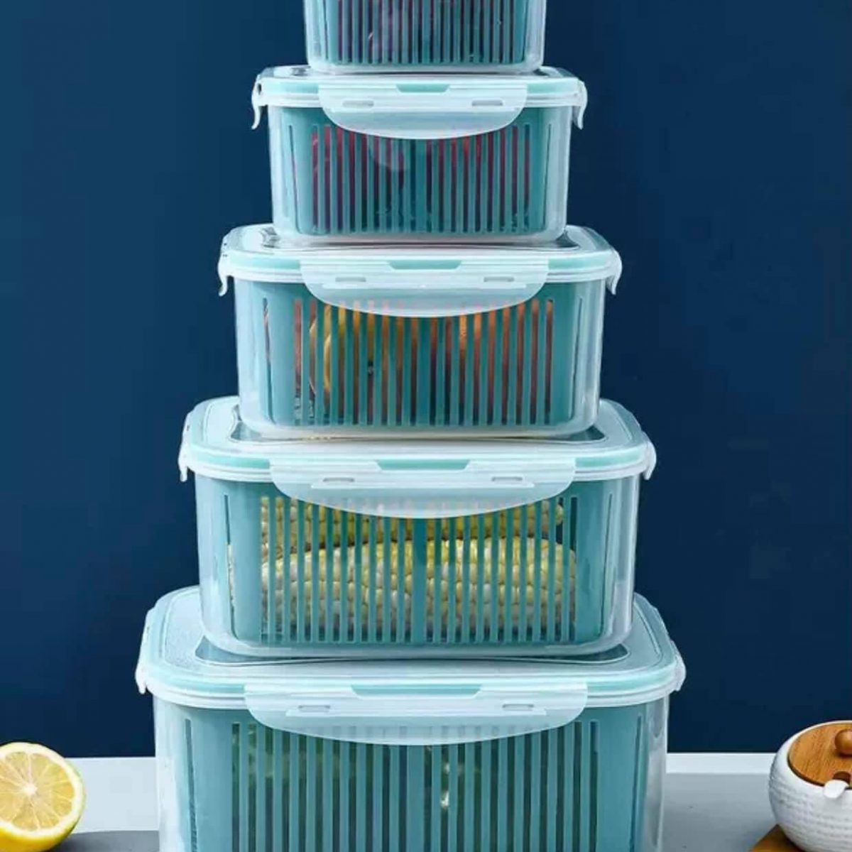 BỘ 5 HỘP NHỰA KÈM RỔ ĐỰNG THỰC PHẨM MÀU XANH