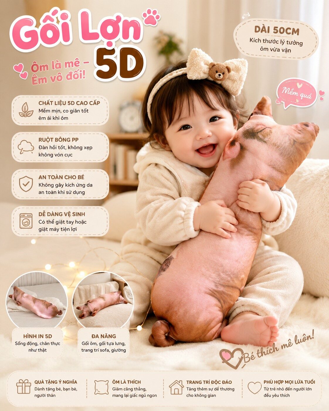 GỐI LỢN 5D 50CM ÊM VÔ ĐỐI