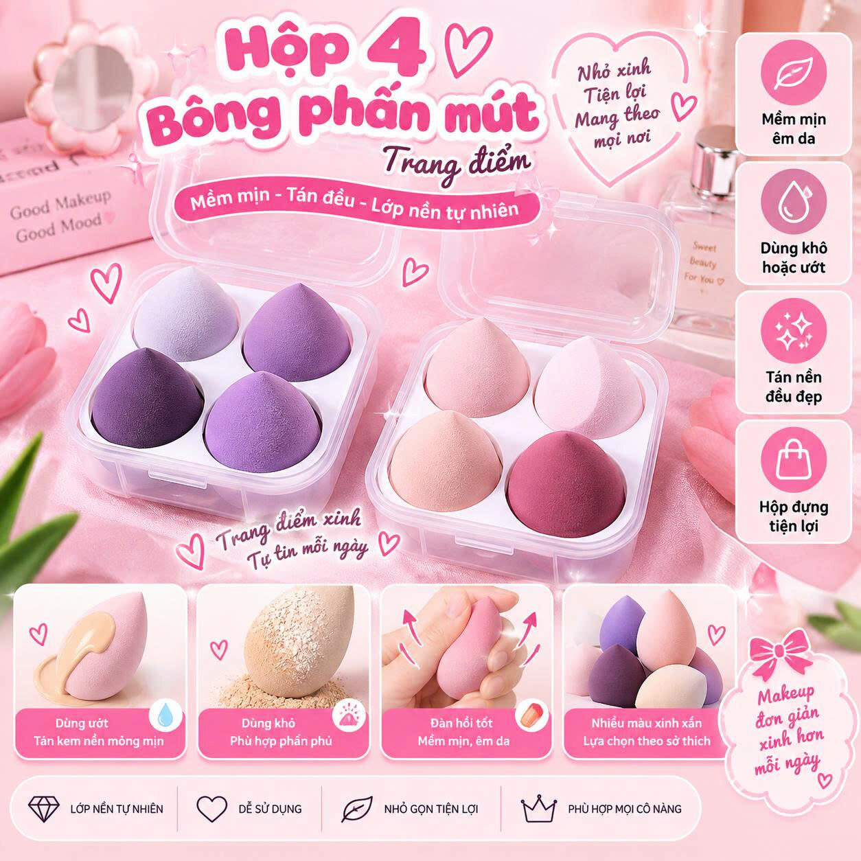 HỘP 4 BÔNG PHẤN TRANG ĐIỂM