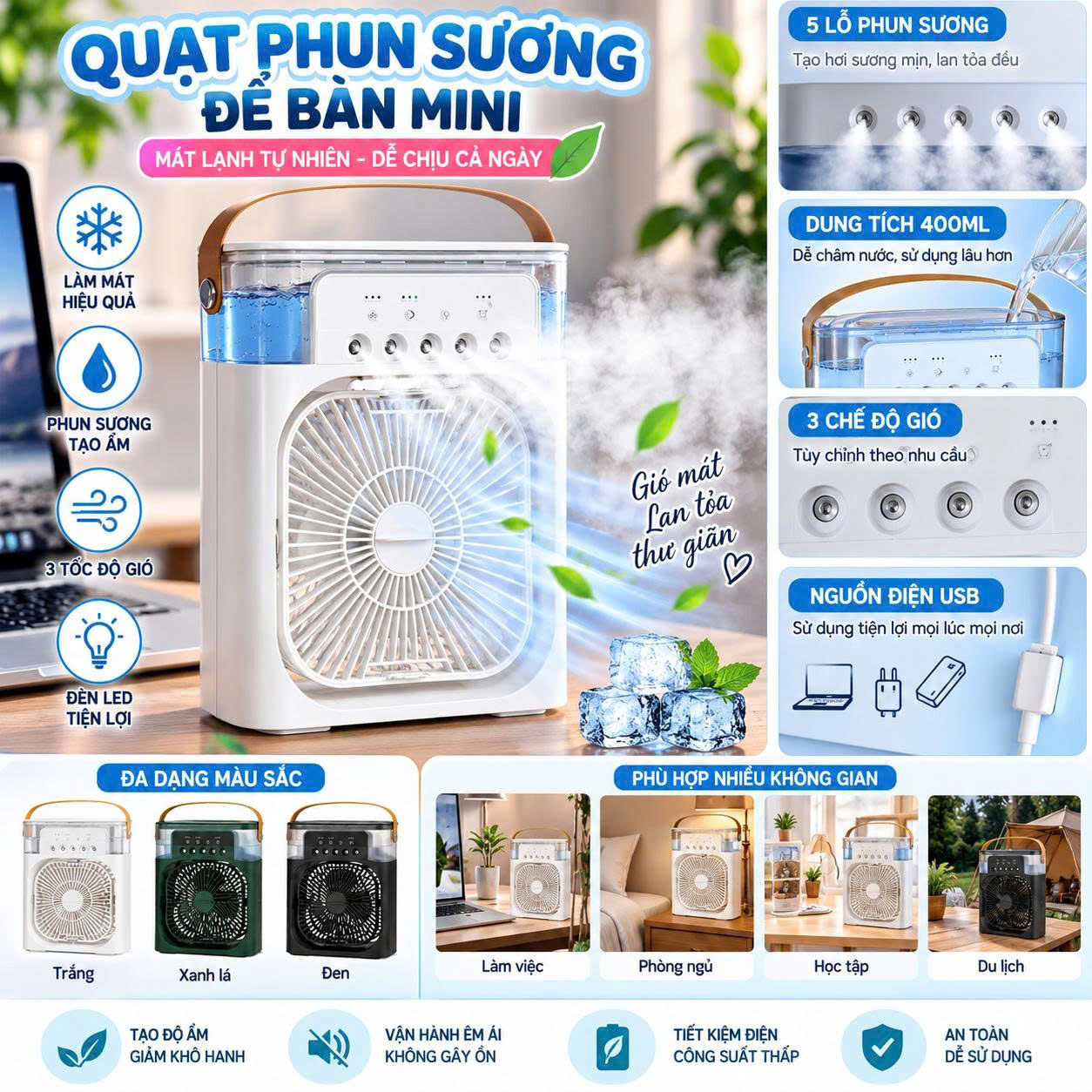 QUẠT HƠI NƯỚC ĐỂ BÀN DUNG TÍCH 400ML