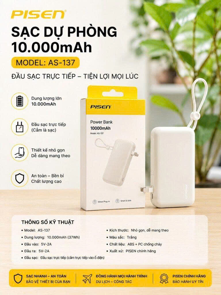 SẠC DỰ PHÒNG PISEN AS-137 -10.000MAH 22.5W