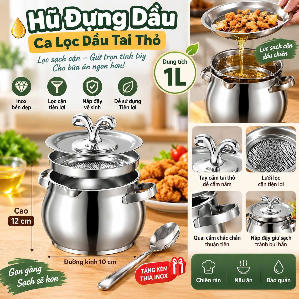 CA LỌC DẦU INOX KÈM MUỖNG TAI THỎ 1 CA LỌC DẦU INOX KÈM MUỖNG TAI THỎ