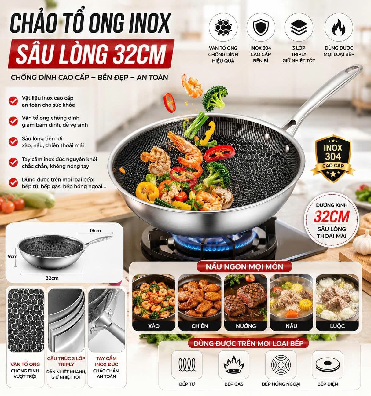 CHẢO TÔ ONG SÂU LÒNG 32CM CÁN DÀI 1 CHẢO TÔ ONG SÂU LÒNG 32CM CÁN DÀI
