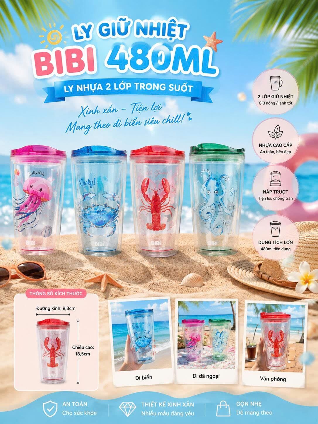 LY NHỰA 2 LỚP BIBI 480ML ĐỦ MÀU