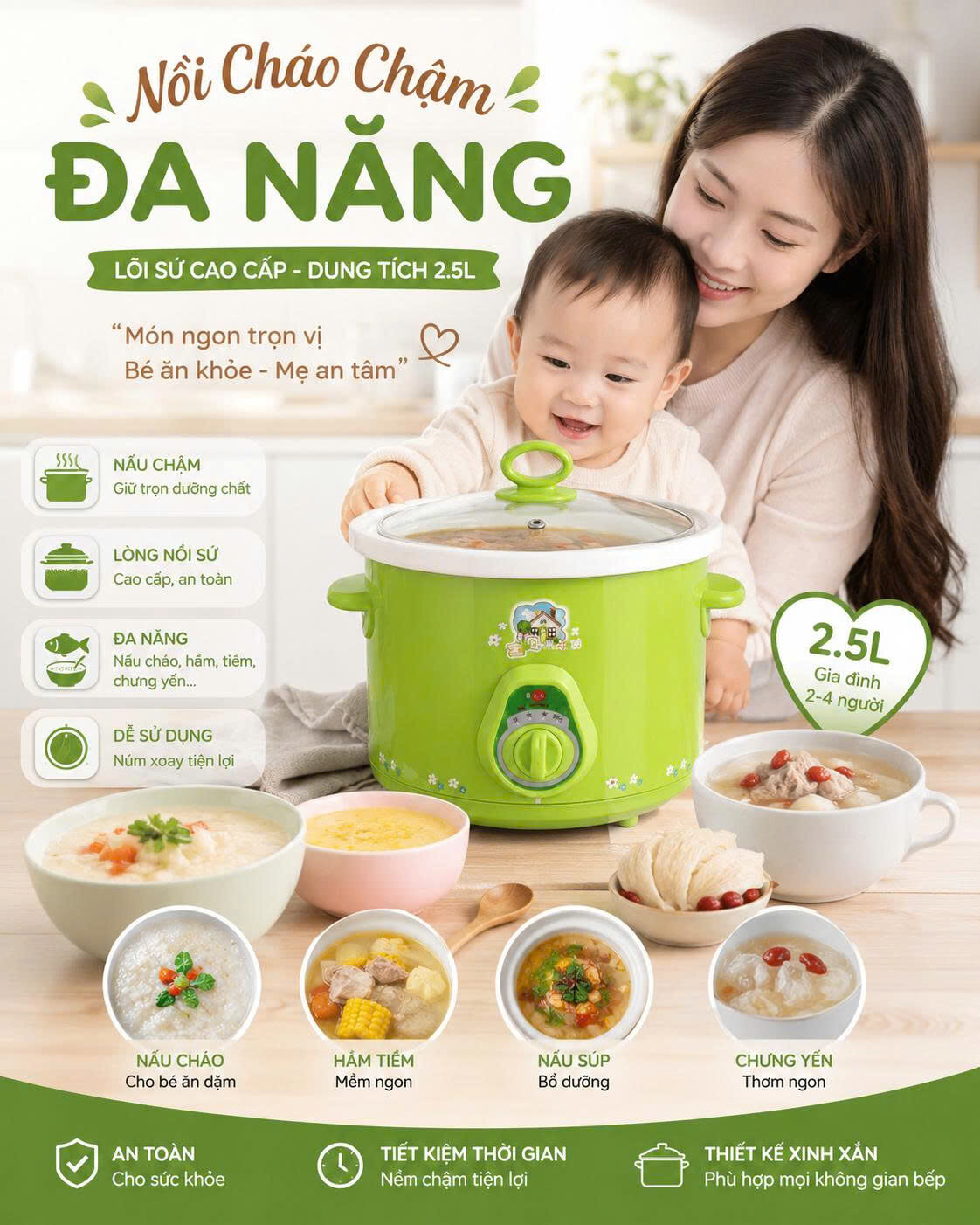 NỒI CHÁO CHẬM XANH 2.5L LÕI SỨ