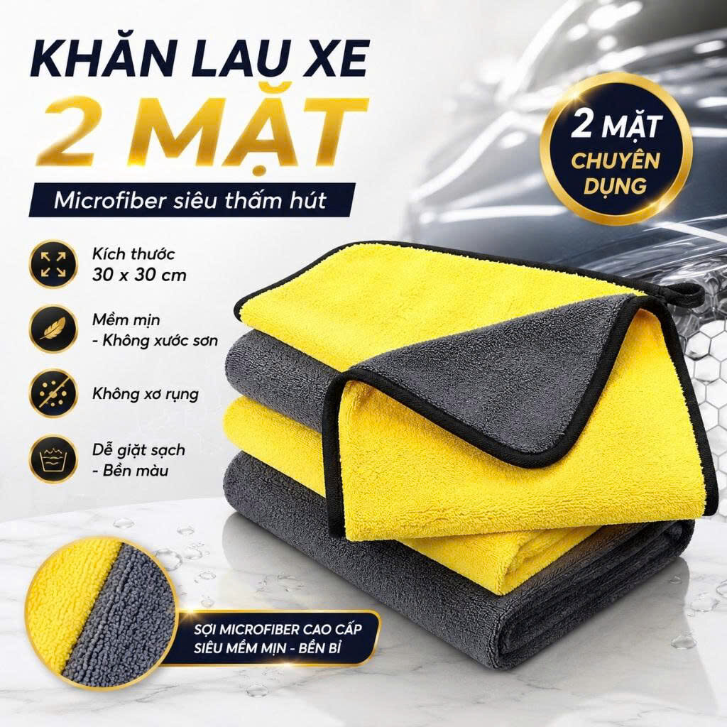 KHĂN LAU XE 2 LỚP 30X30CM MÓC TREO