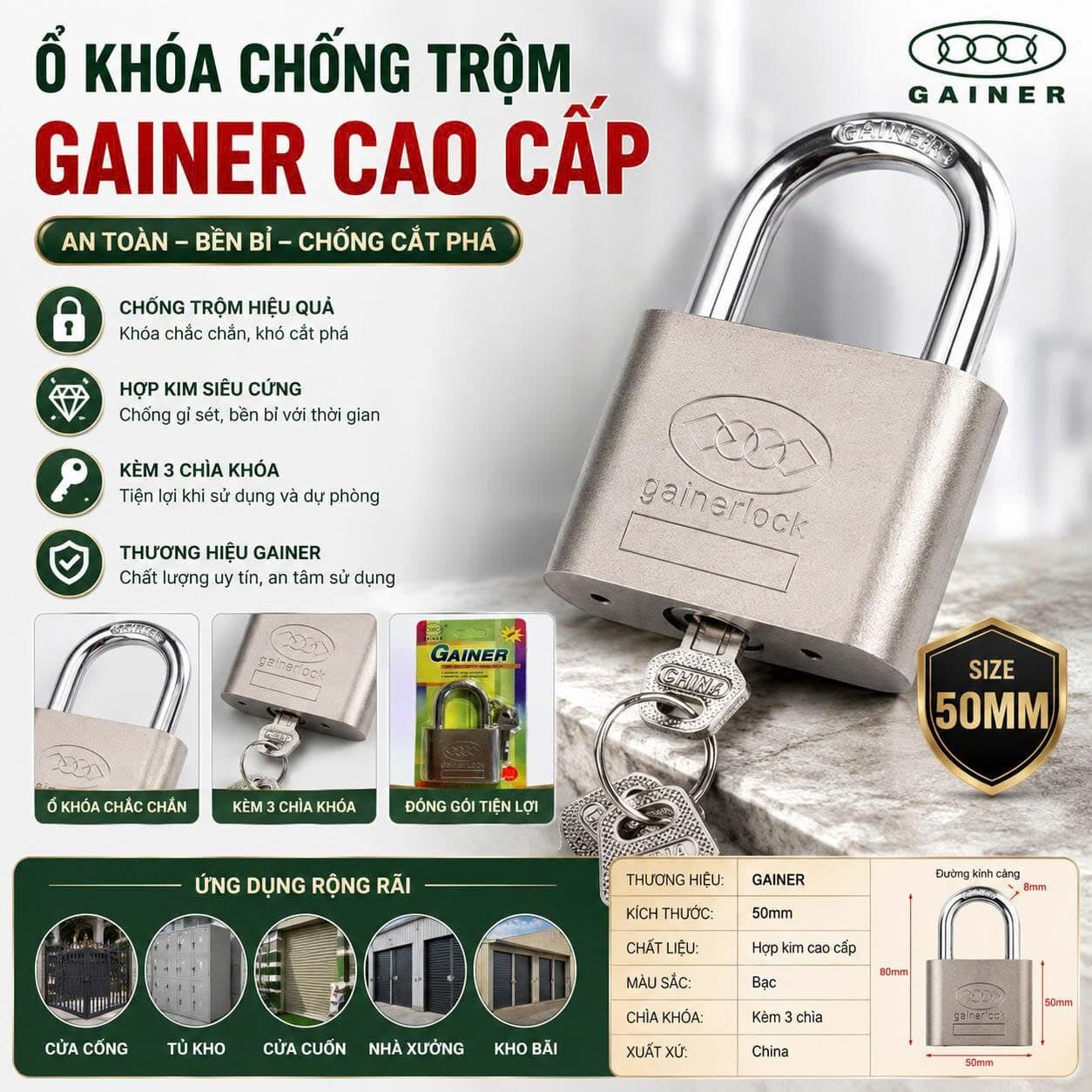 Ổ KHOÁ THƯỜNG GAINER 50MM 3 CHÌA