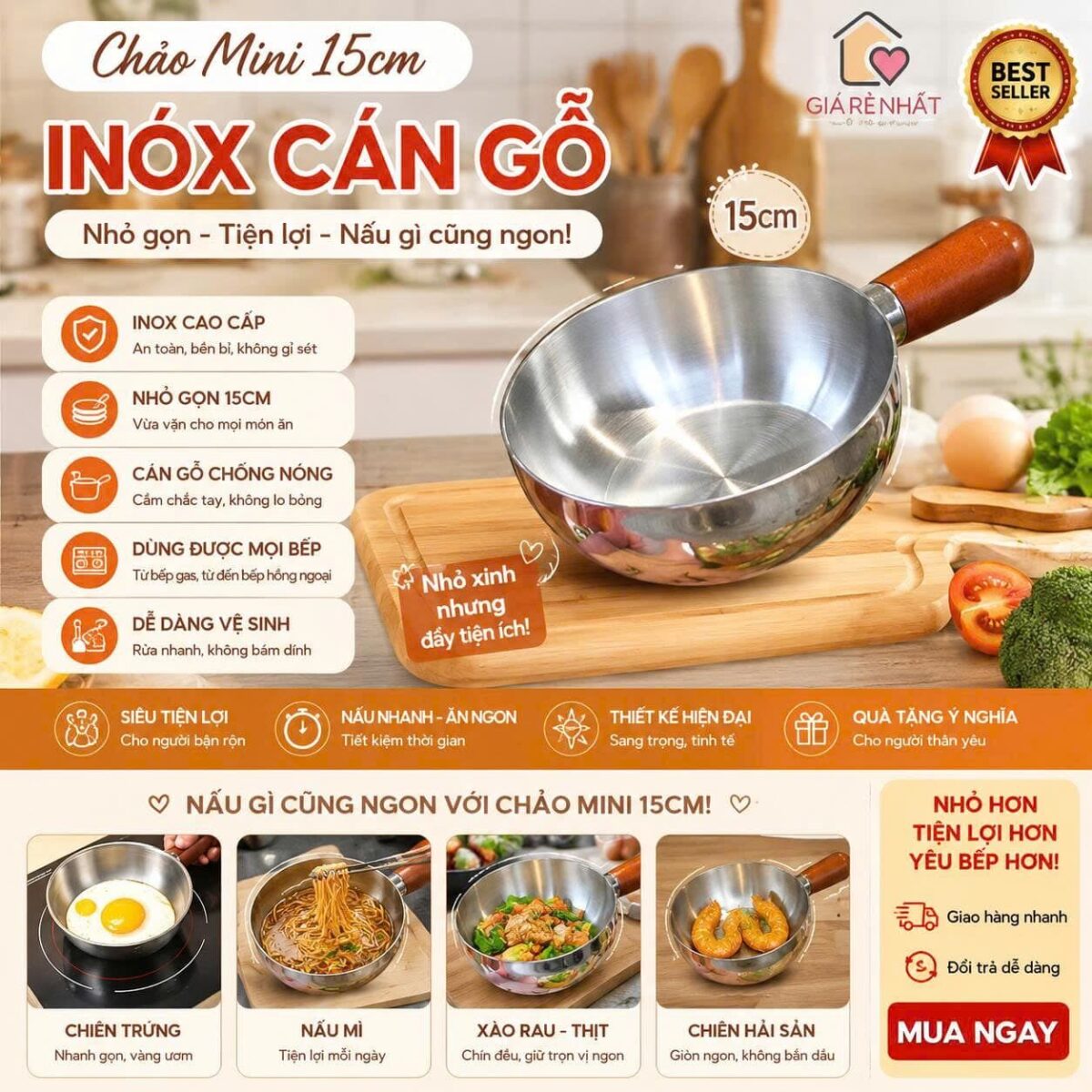 CHẢO INOX MINI CÓ TAY CẦM GỖ15CM