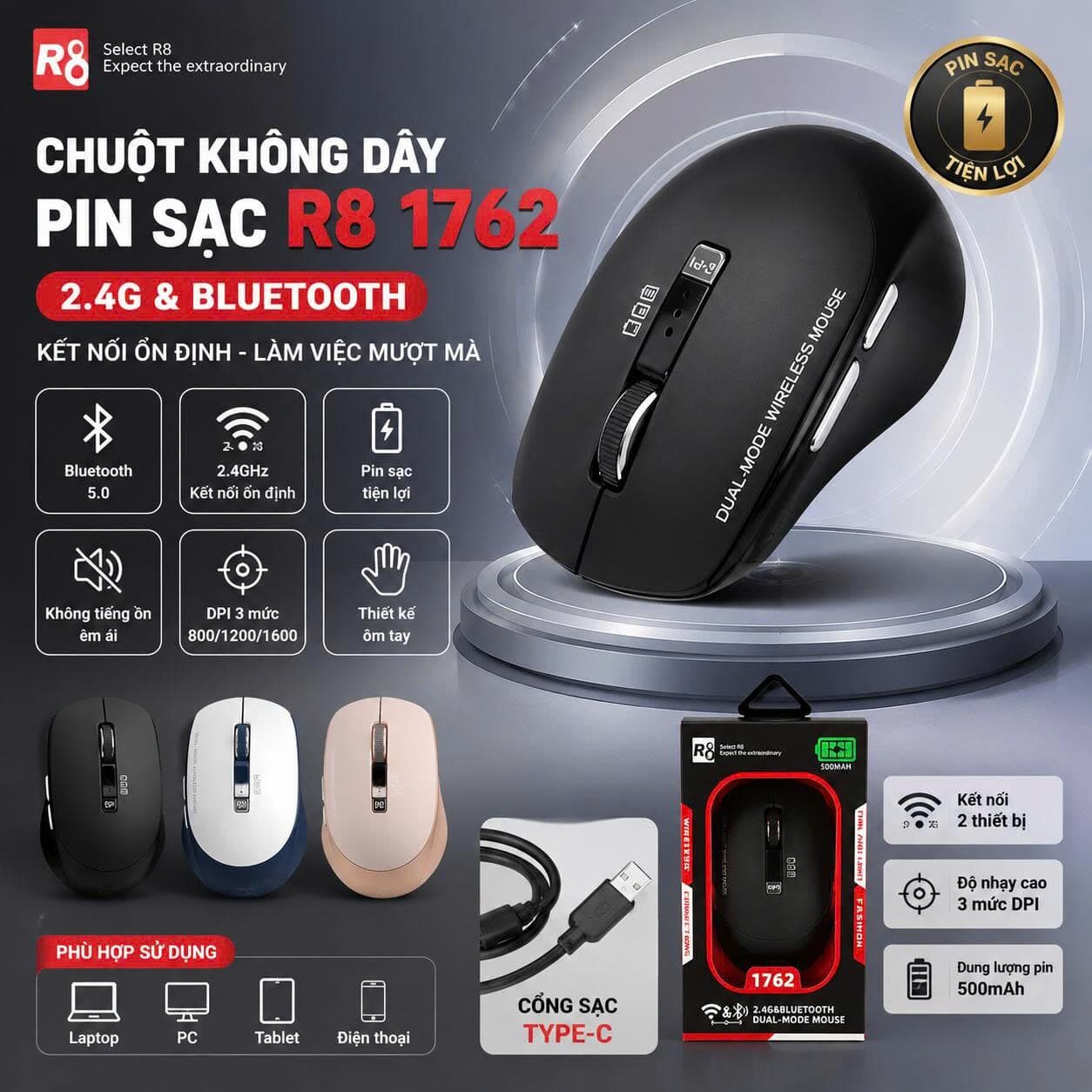 CHUỘT KHÔNG DÂY + BLT + PIN SẠC R8 1762