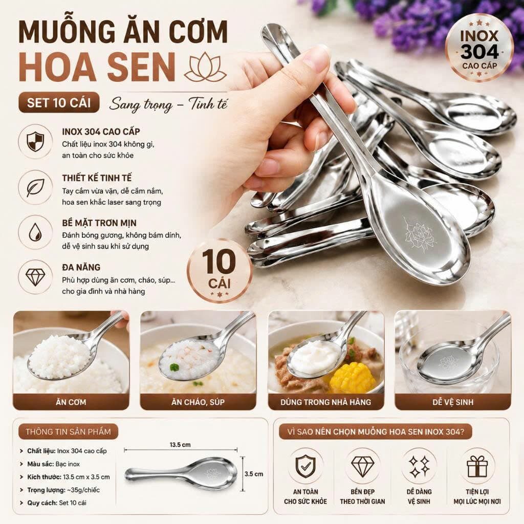COMBO 10 MUỖNG INOX HOA SEN