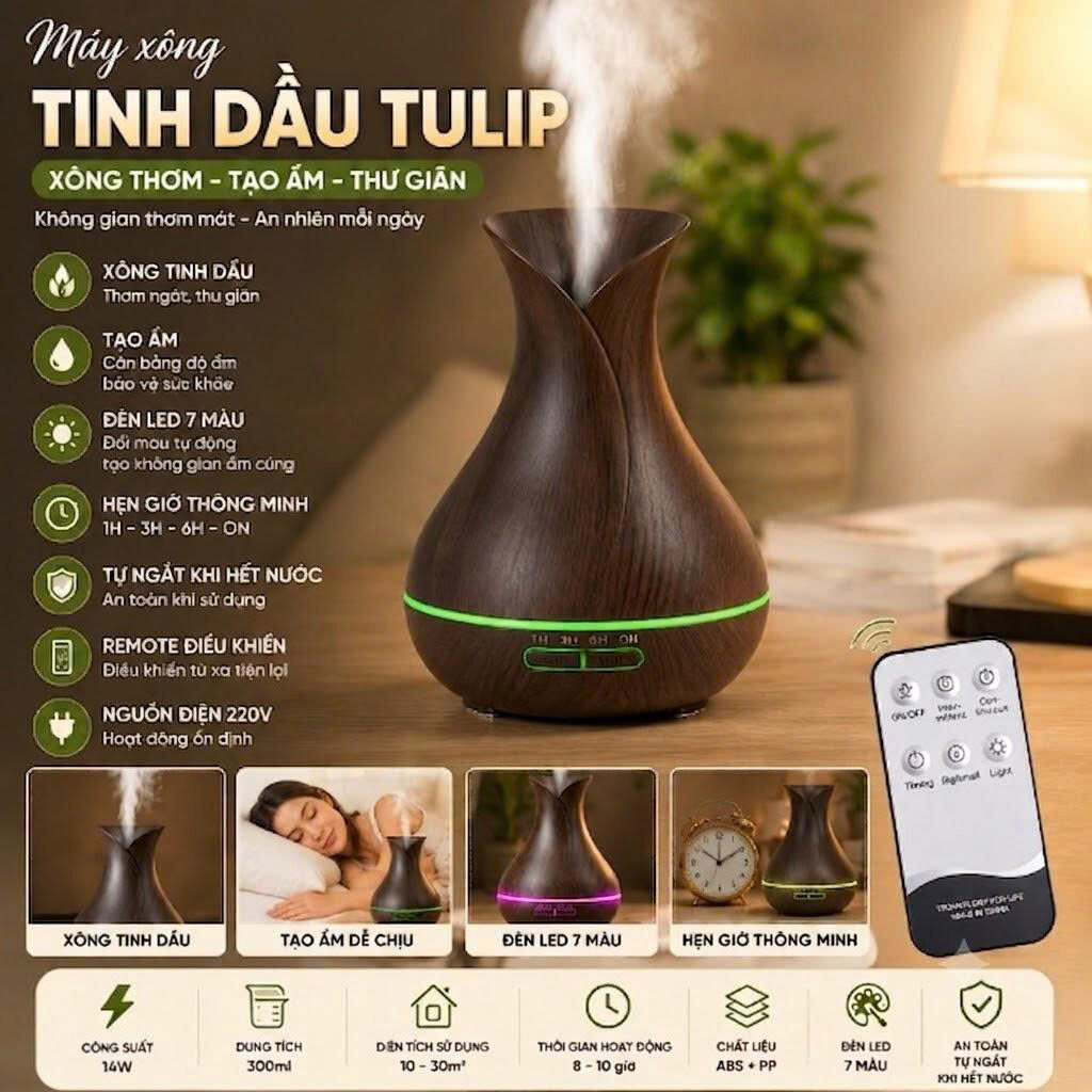 MÁY XÔNG TINH DẦU HOA TULIP CÓ REMOTE