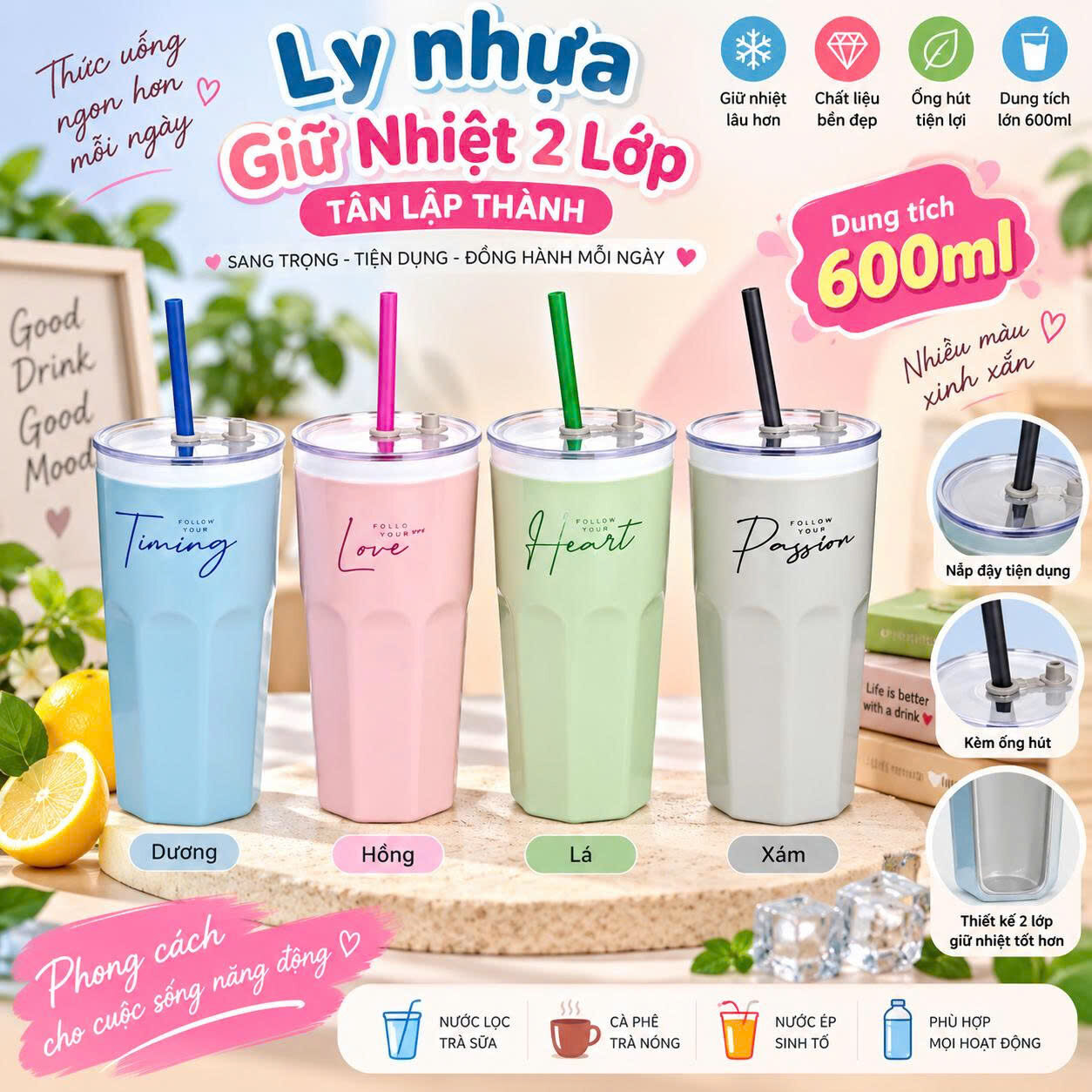 LY GIỮ NHIỆT CÓ ÔNG HÚT TLT 600ML 1 LY GIỮ NHIỆT CÓ ÔNG HÚT TLT 600ML