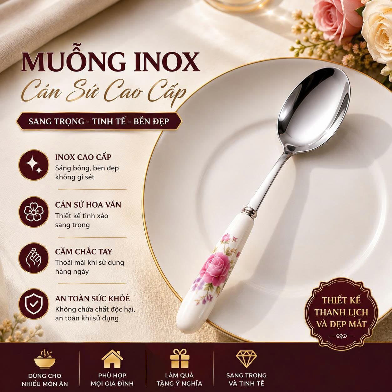 MUỖNG INOX CÁN SỨ HOA VĂN