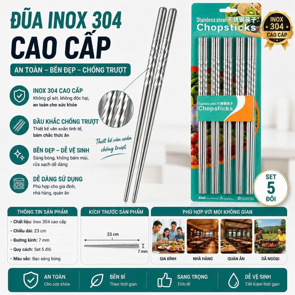 SET 5 ĐÔI ĐŨA INOX XOẮN CHOPSTICKS