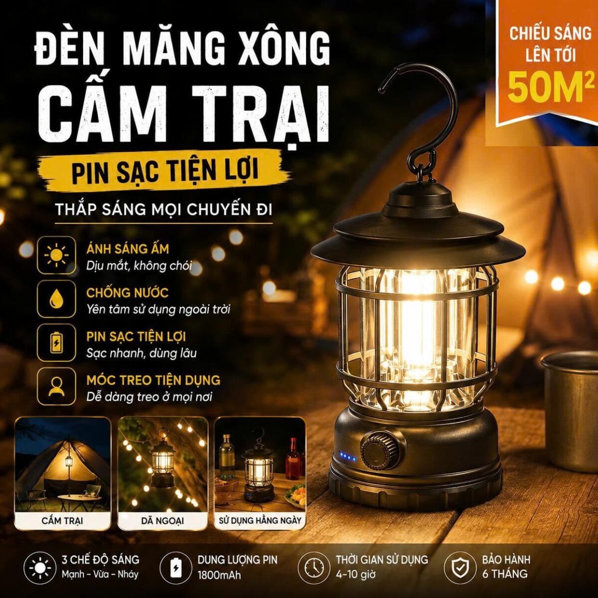 ĐÈN CẮM TRẠI MĂNG XÔNG CỔ ĐIỂN - ÁNH SÁNG VÀNG