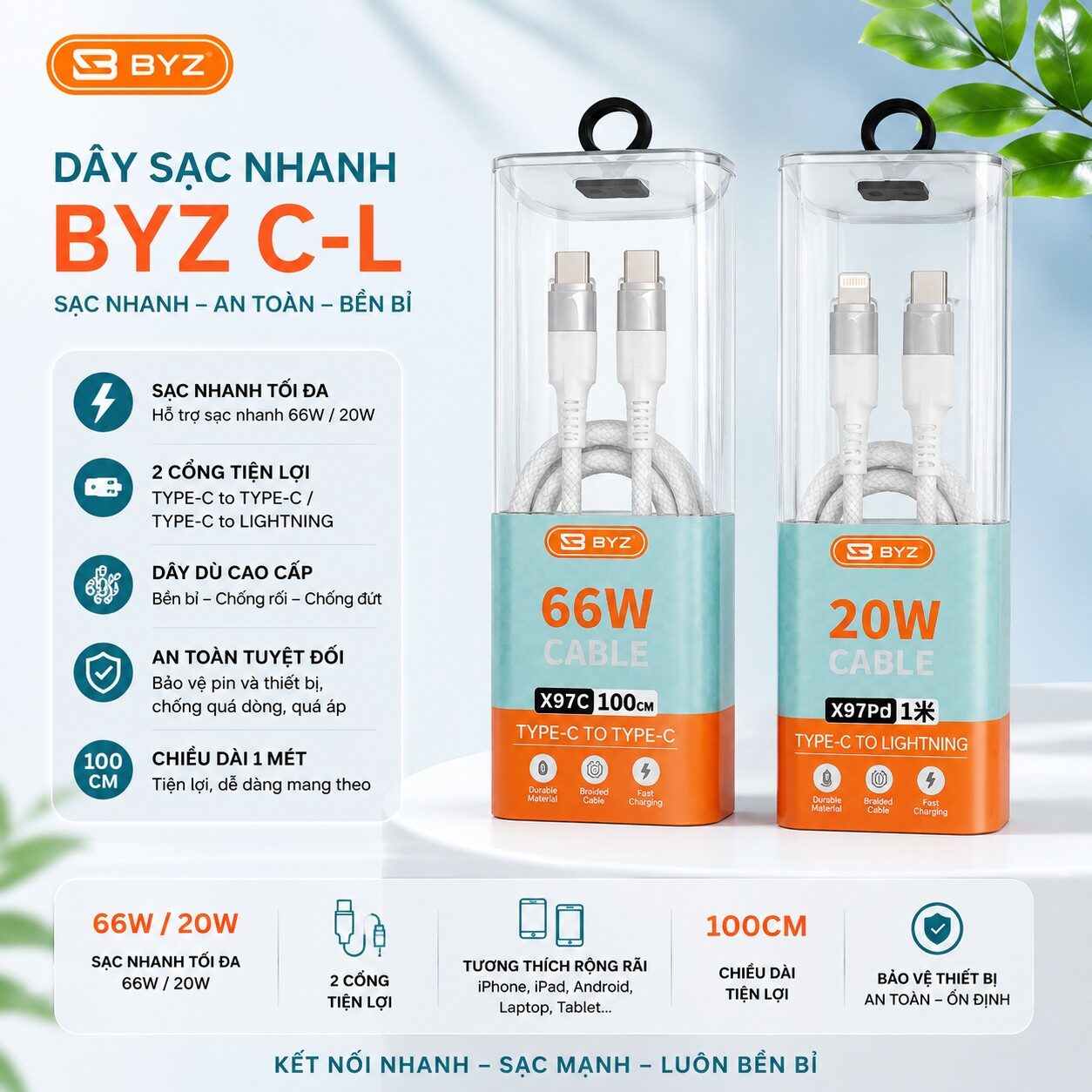 CÁP SẠC NHANH BYZ 66W X97 -C-L, C-C