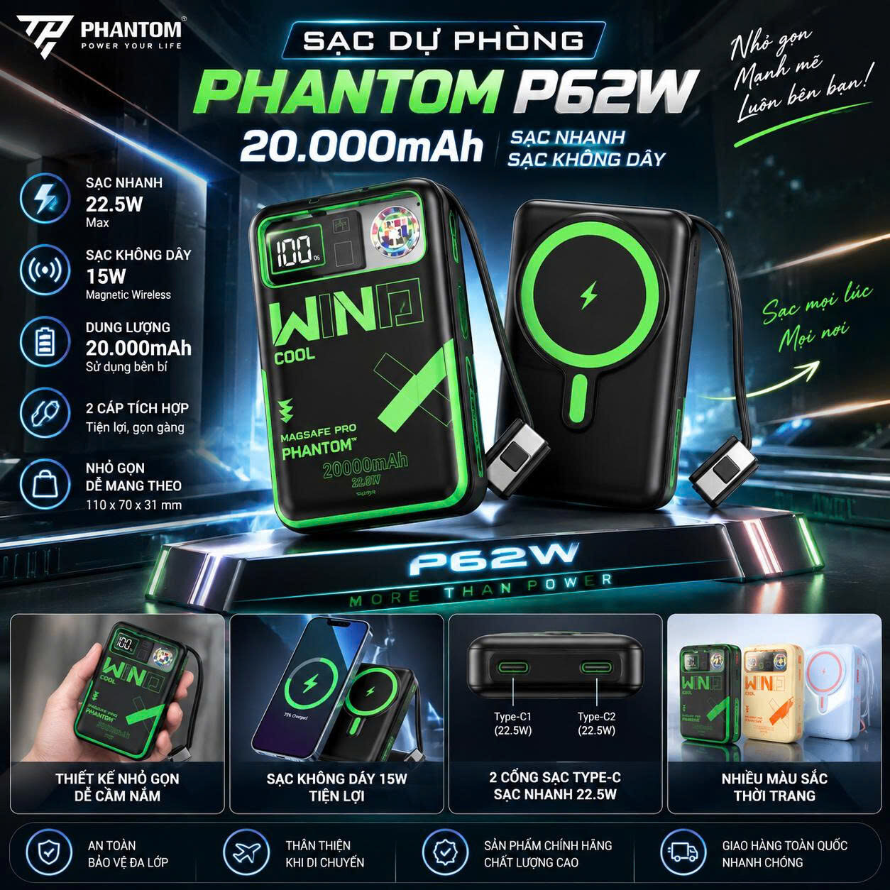 SẠC DỰ PHONG PHANTOM P62 20.000MAH 1 SẠC DỰ PHONG PHANTOM P62 20.000MAH