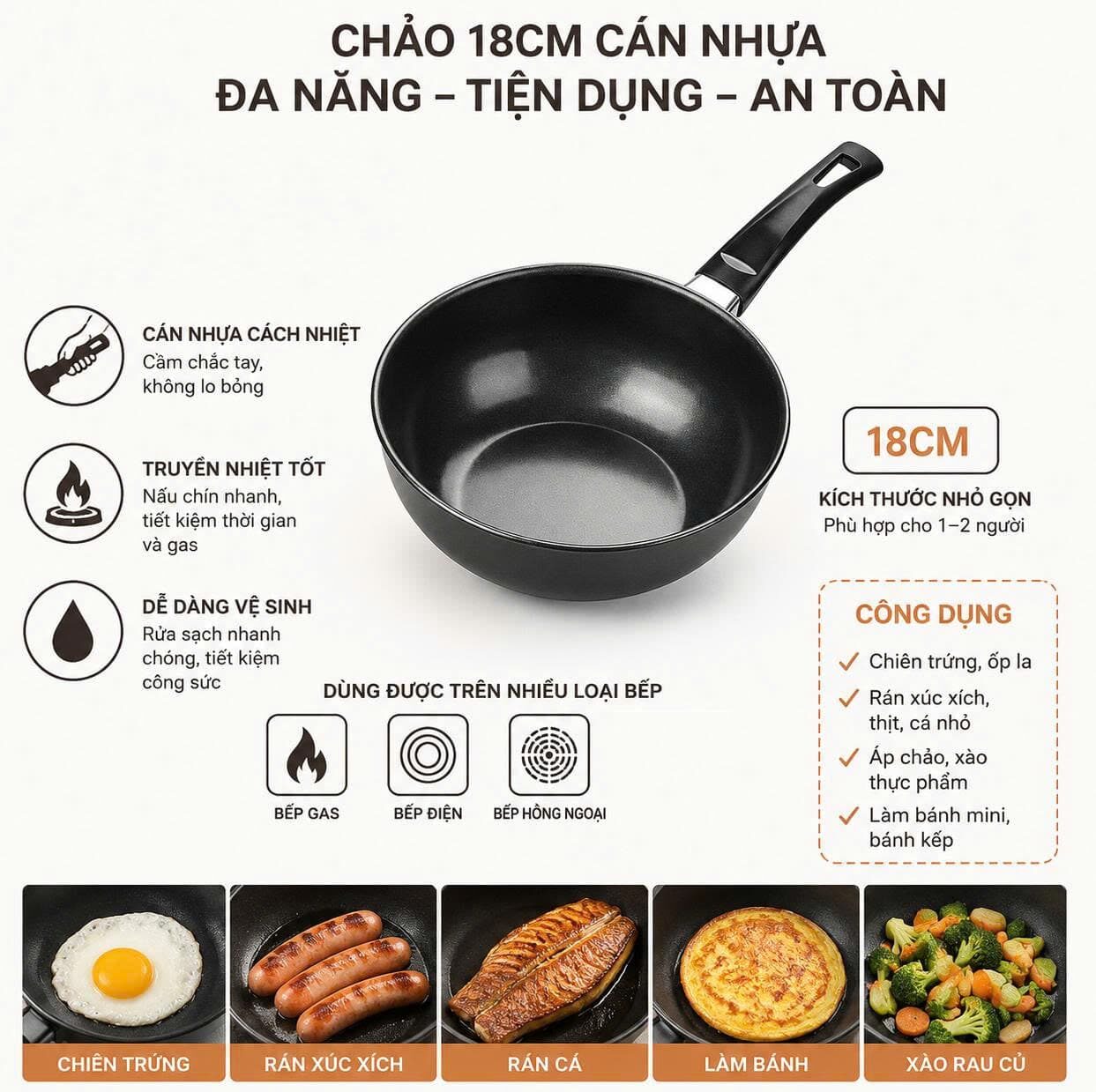 CHẢO SÂU LÒNG 18CM CÁN NHỰA