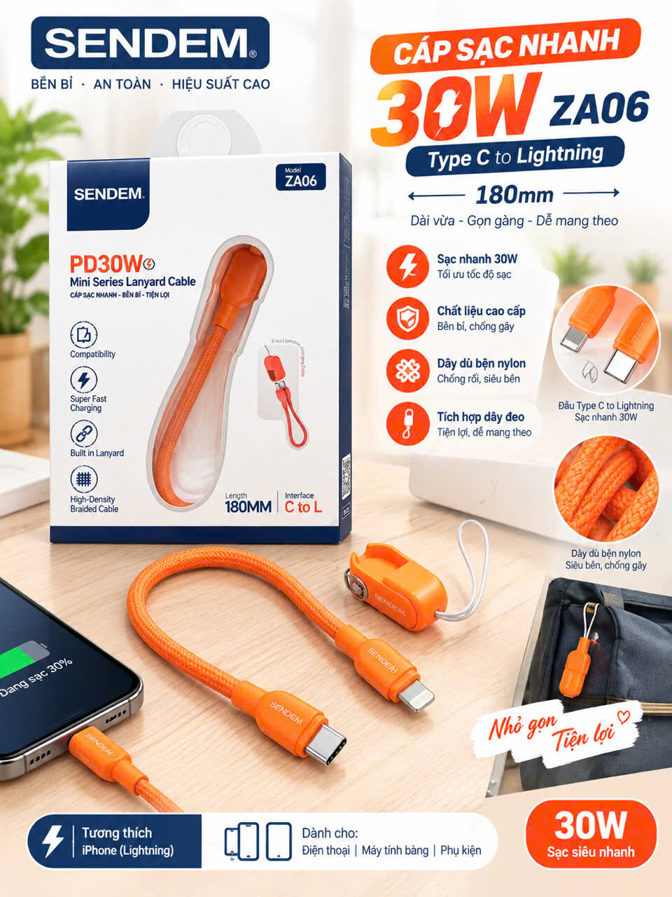 CÁP SẠC SENDEM 180MM PD30W ZA06