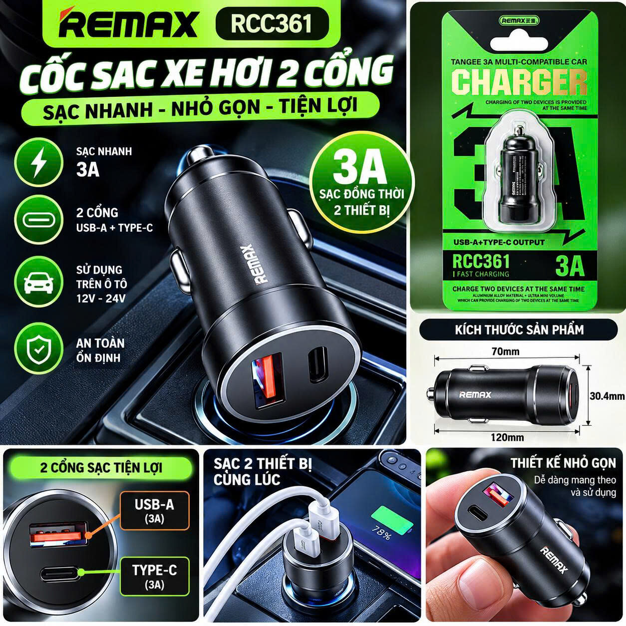 CỐC SẠC XE HƠI REMAX 2 CỔNG RCC361