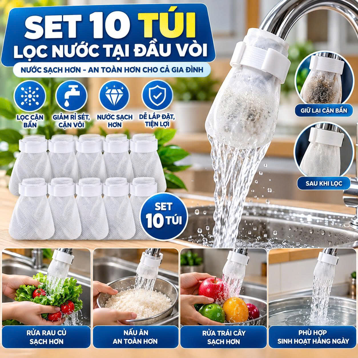SET 10 TÚI LỌC VÒI NƯỚC COTTON