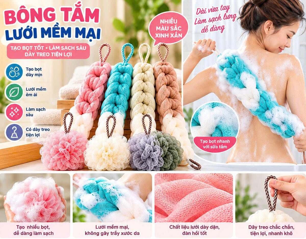 BÔNG TẮM LƯỚI DÀI/ TRÒN CÓ DÂY TREO