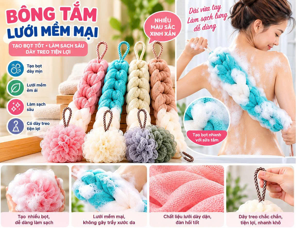 BÔNG TẮM LƯỚI DÀI/ TRÒN CÓ DÂY TREO 1 BÔNG TẮM LƯỚI DÀI/ TRÒN CÓ DÂY TREO