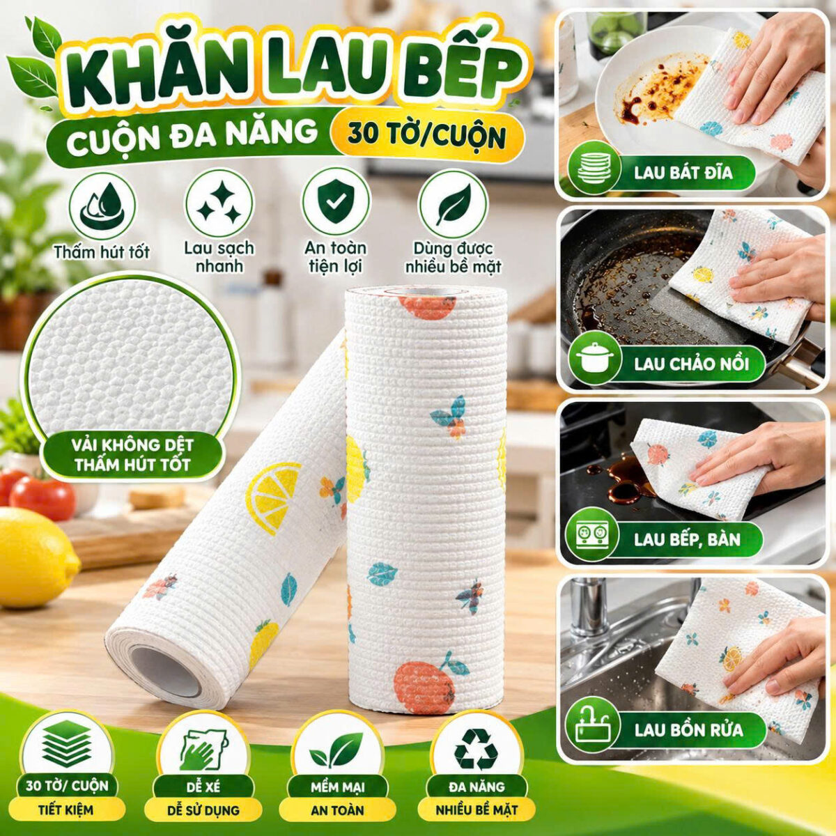 KHĂN LAU BẾP CUỘN ĐA NĂNG -VẢI KHÔNG DỆT