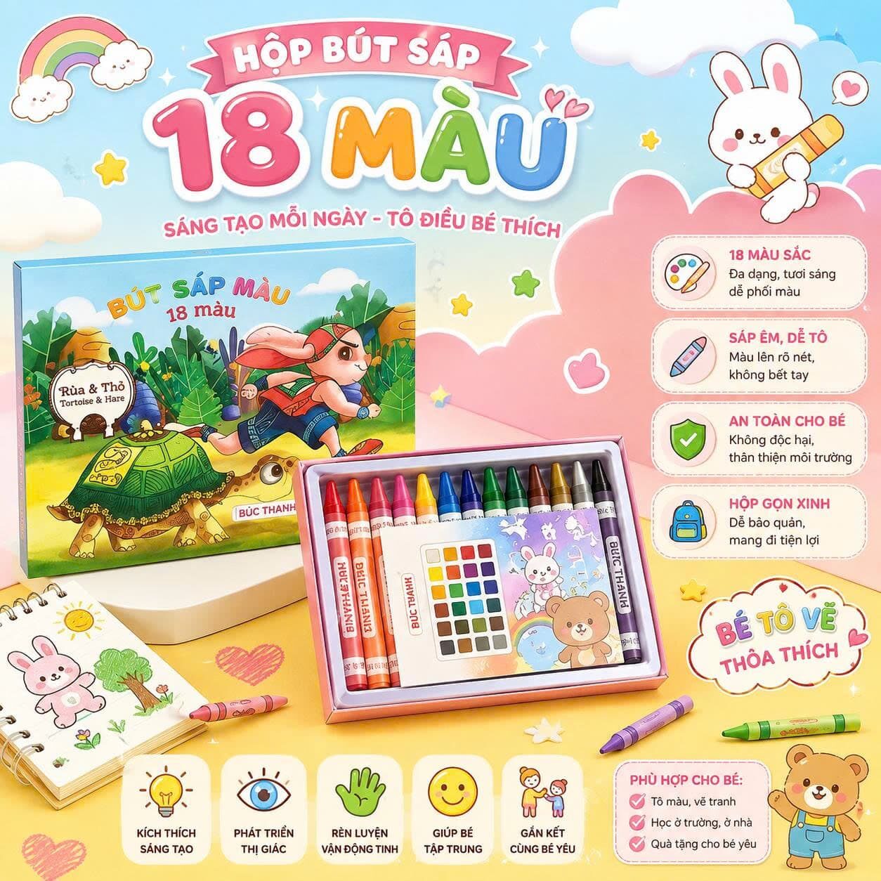 HỘP BÚT SÁP 18 MÀU CHO BÉ