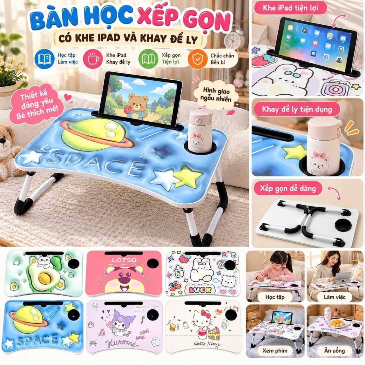 BÀN HỌC GẤP GỌN CÓ KHE IPAD + LY NƯỚC