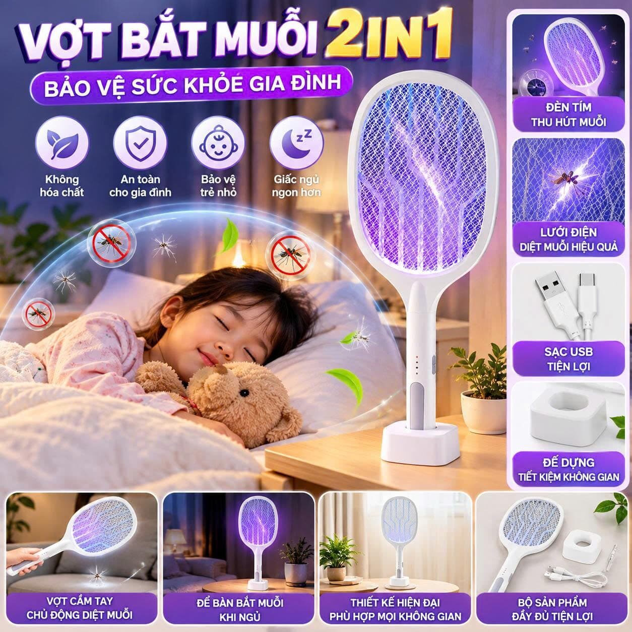 VỢT BẮT MUỖI CÓ ĐẾ 2IN1