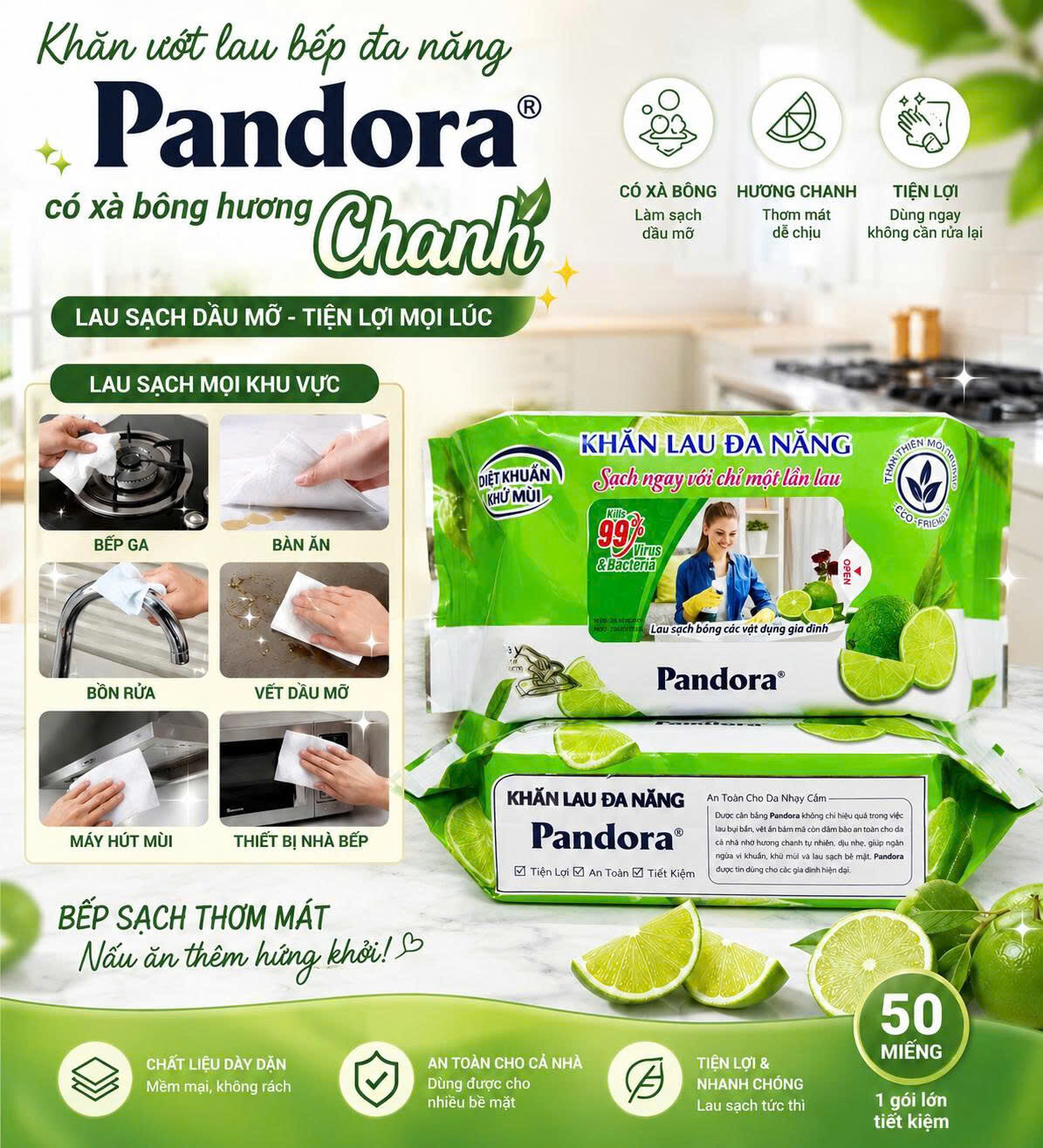 KHĂN ƯỚT LAU BẾP ĐA NĂNG KHỬ KHUẨN PANDORA