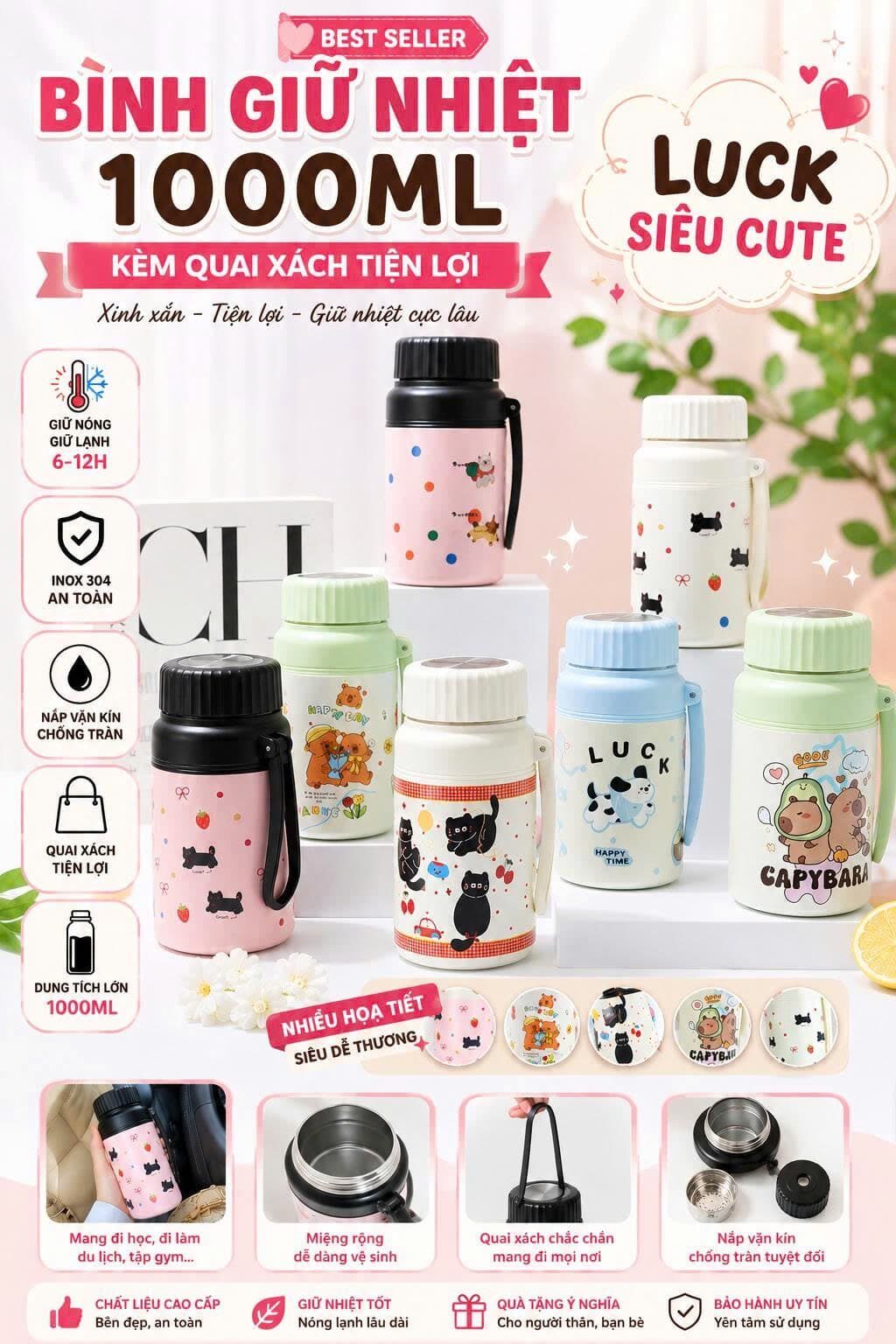 BÌNH GIỮ NHIỆT LUCKY HOẠT HÌNH 1000ML