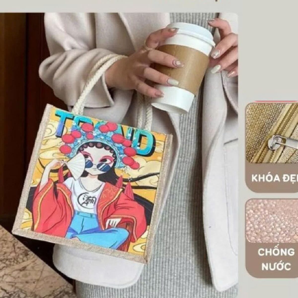 TÚI XÁCH HỌA TIẾT VẢI BỐ CÓ KHOÁ (30x30cm)