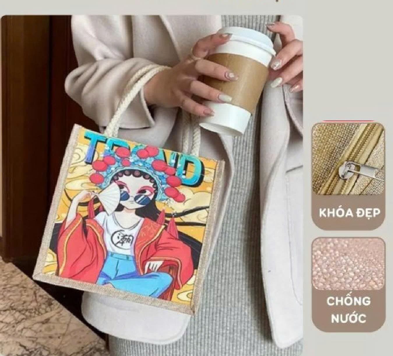 TÚI XÁCH HỌA TIẾT VẢI BỐ CÓ KHOÁ (30x30cm)