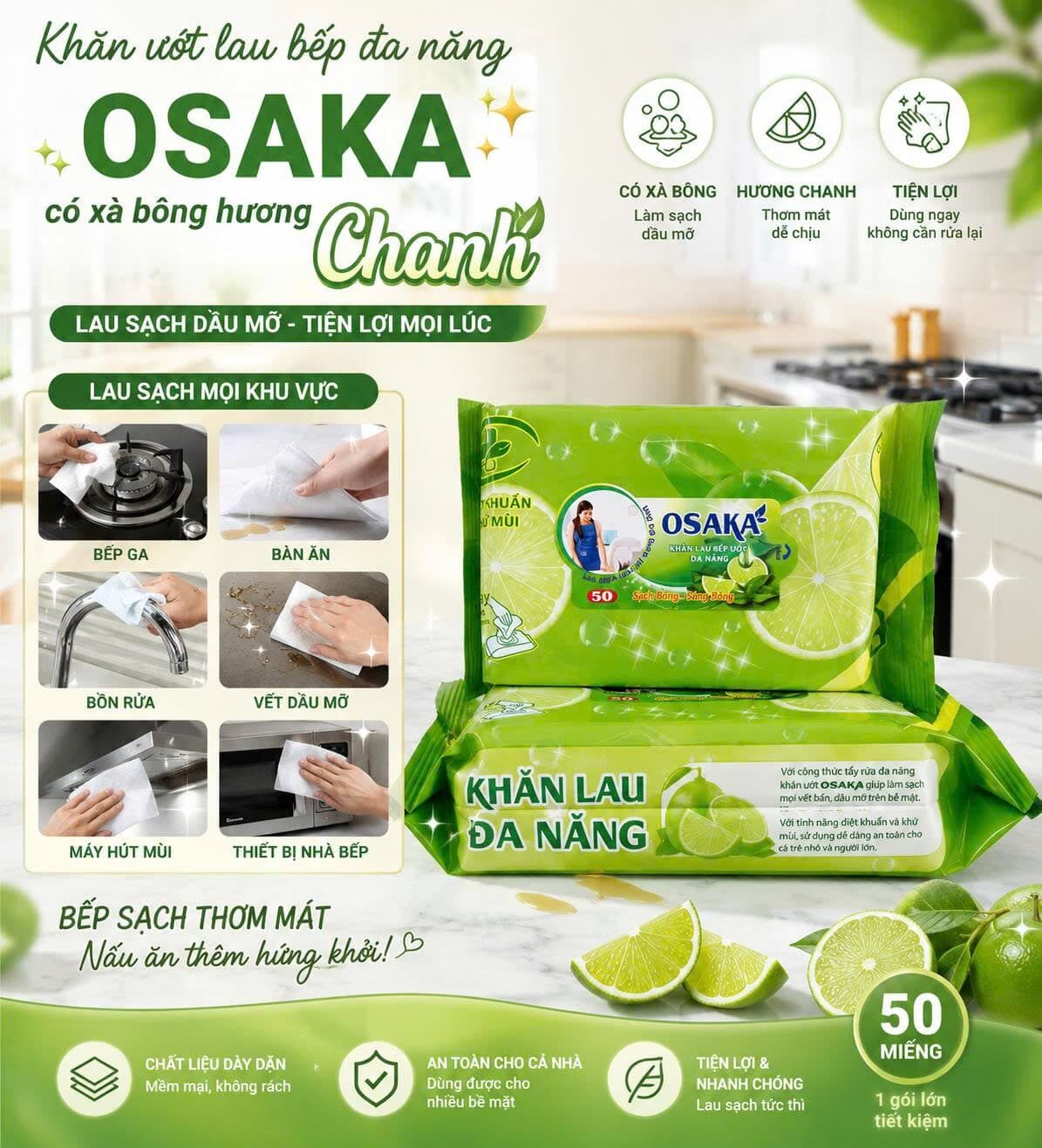 KHĂN ƯỚT LAU BẾP ĐA NĂNG KHỬ KHUẨN OSAKA
