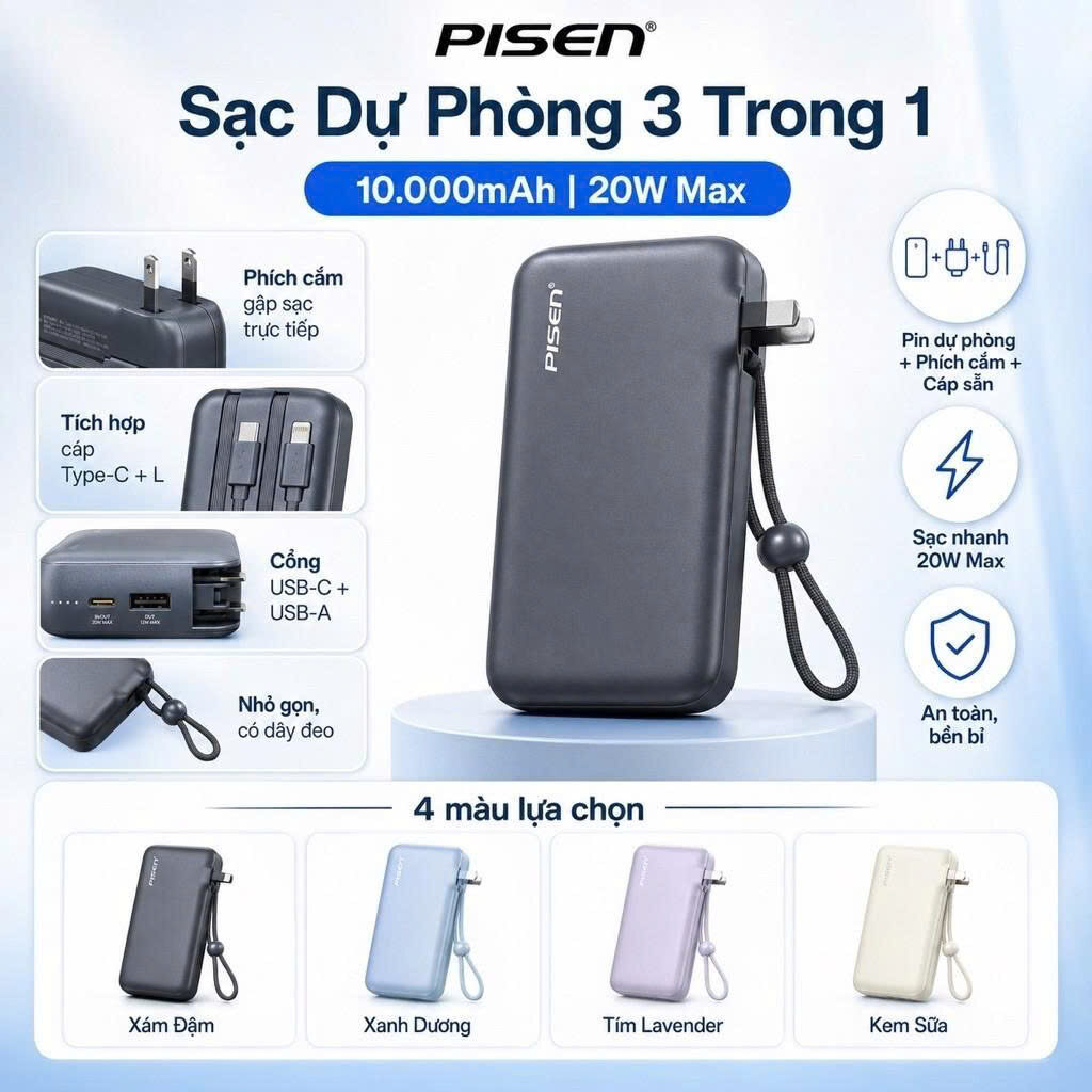 SẠC DỰ PHÒNG PISEN AS-137 -10.000MAH 22.5W 4 SẠC DỰ PHÒNG PISEN AS-137 -10.000MAH 22.5W - Ảnh 4