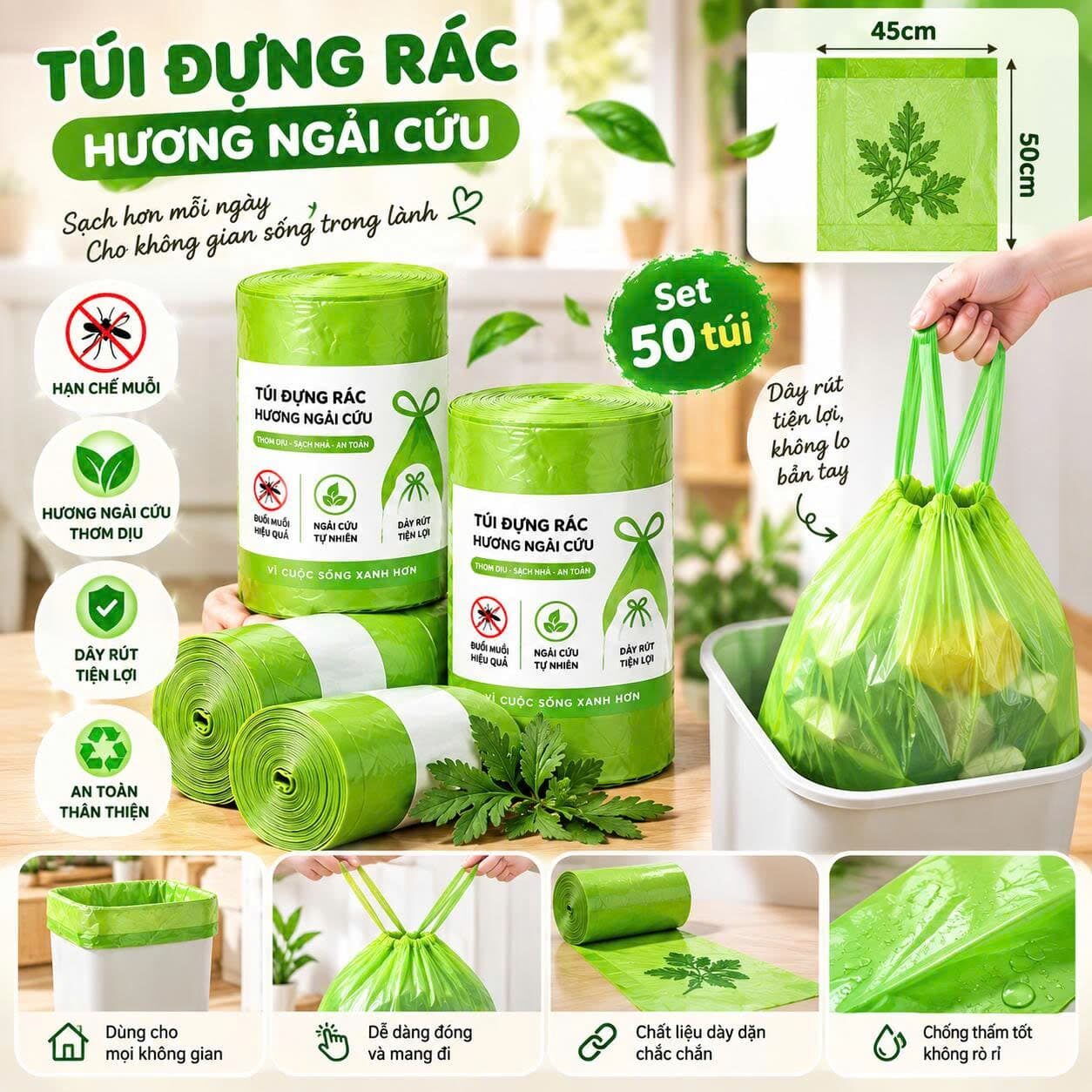 TÚI ĐỰNG RÁC RÚT DÂY ĐUỔI MUỖI HƯƠNG NGÃI CỨU 1 TÚI ĐỰNG RÁC RÚT DÂY ĐUỔI MUỖI HƯƠNG NGÃI CỨU
