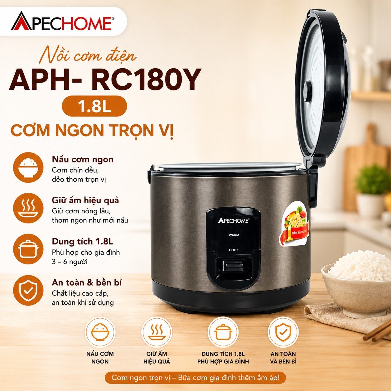 NỒI CƠM ĐIỆN APECHOME APH -RC180Y ( 1.8L NẮP GÀI)