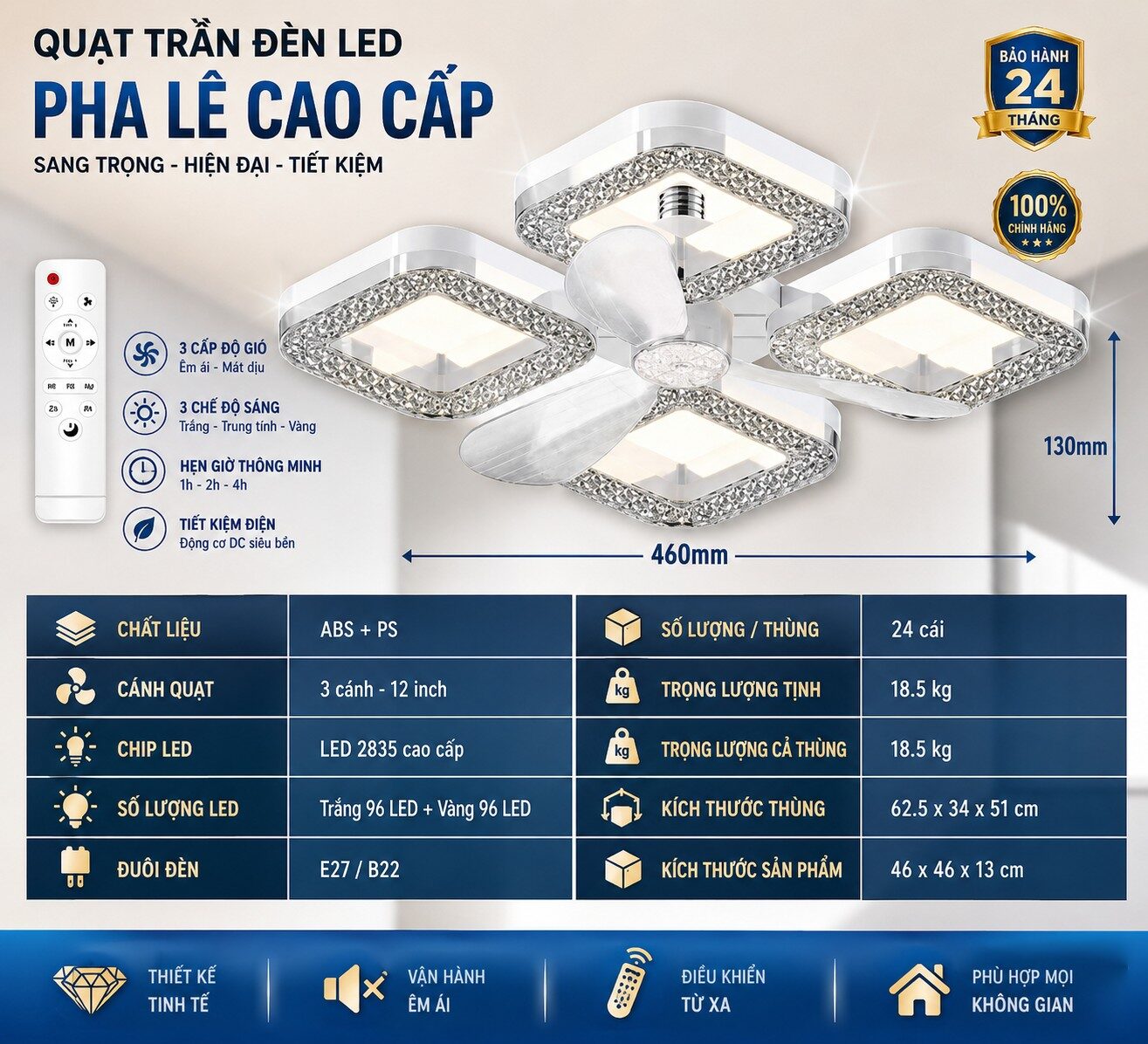 QUẠT TRẦN ĐÈN LED PHA LÊ CAO CẤP
