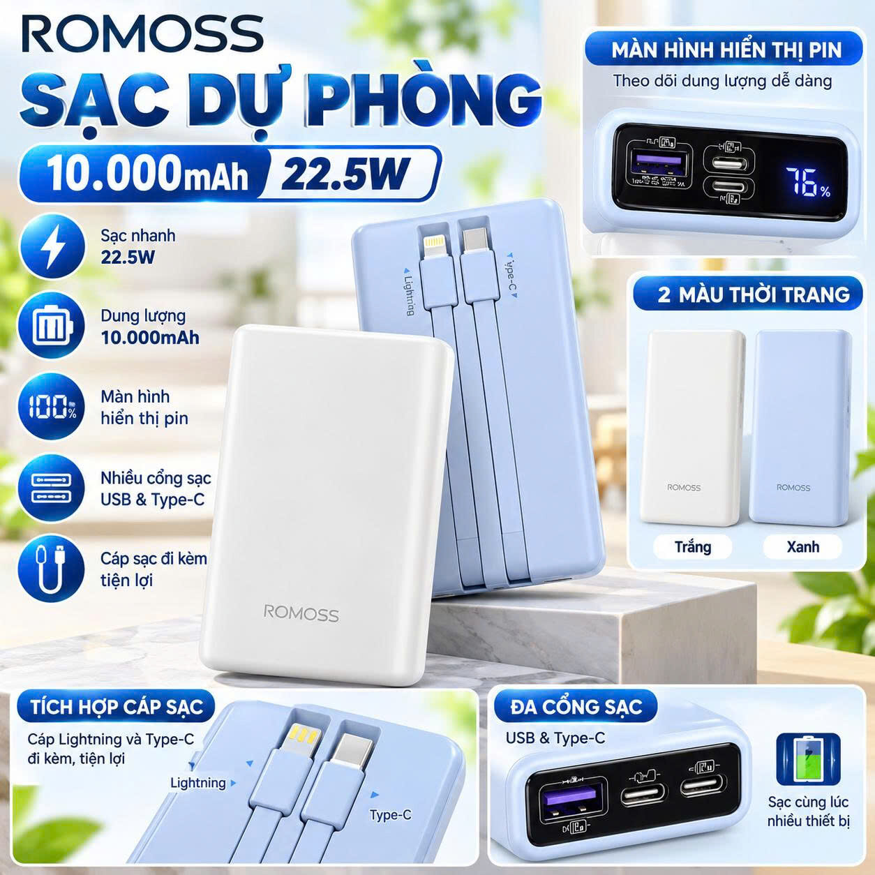 PIN SẠC DỰ PHÒNG ROMOSS 10.000 MAH 22.5W 1 PIN SẠC DỰ PHÒNG ROMOSS 10.000 MAH 22.5W