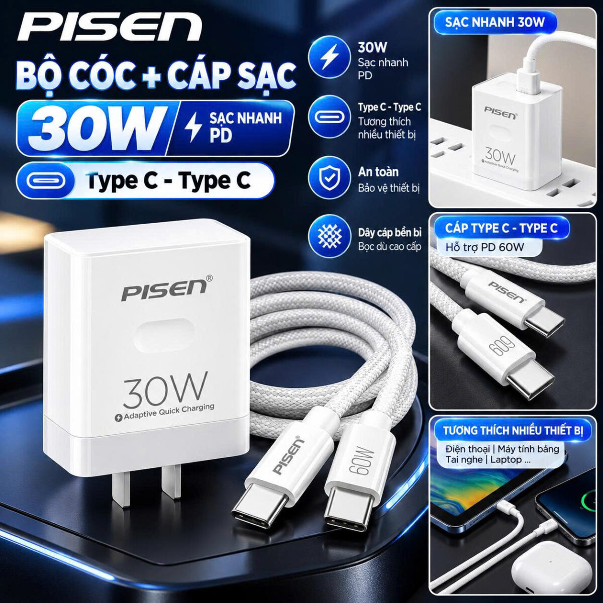 BỘ SẠC PISEN SIÊU NHANH 30W C175 (C-C)
