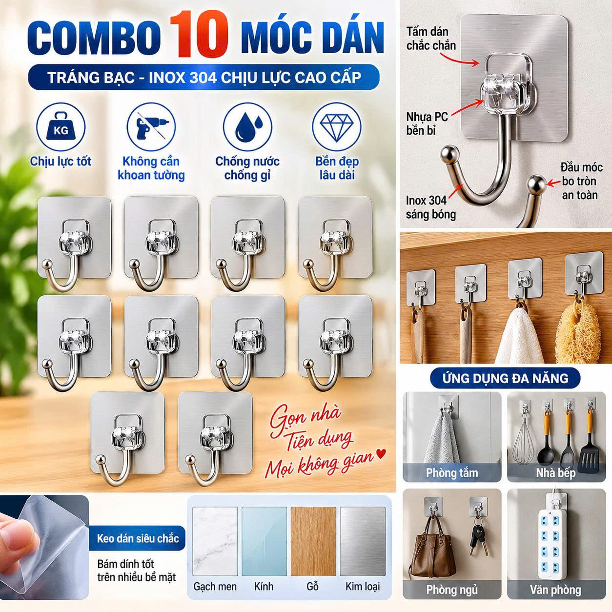 SET 10 MÓC DÁN INOX TRÁNG BẠC CHỊU LỰC 1 SET 10 MÓC DÁN INOX TRÁNG BẠC CHỊU LỰC
