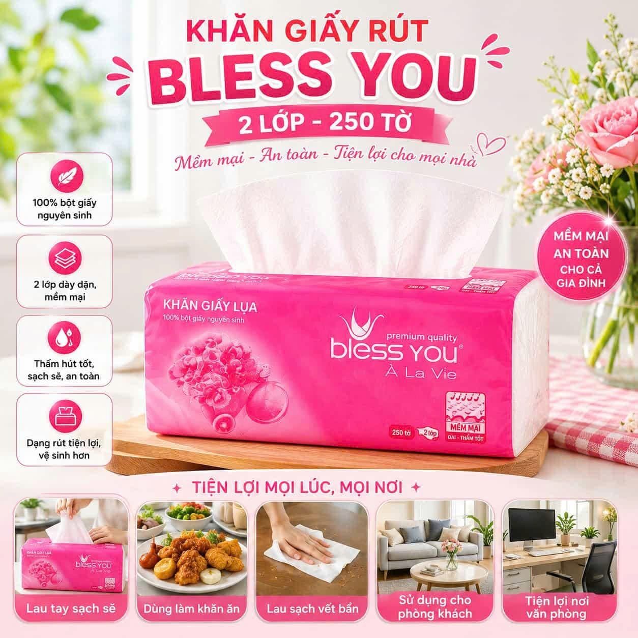 KHĂN GIẤY RÚT BLESS YOU 250 TỜ / GÓI