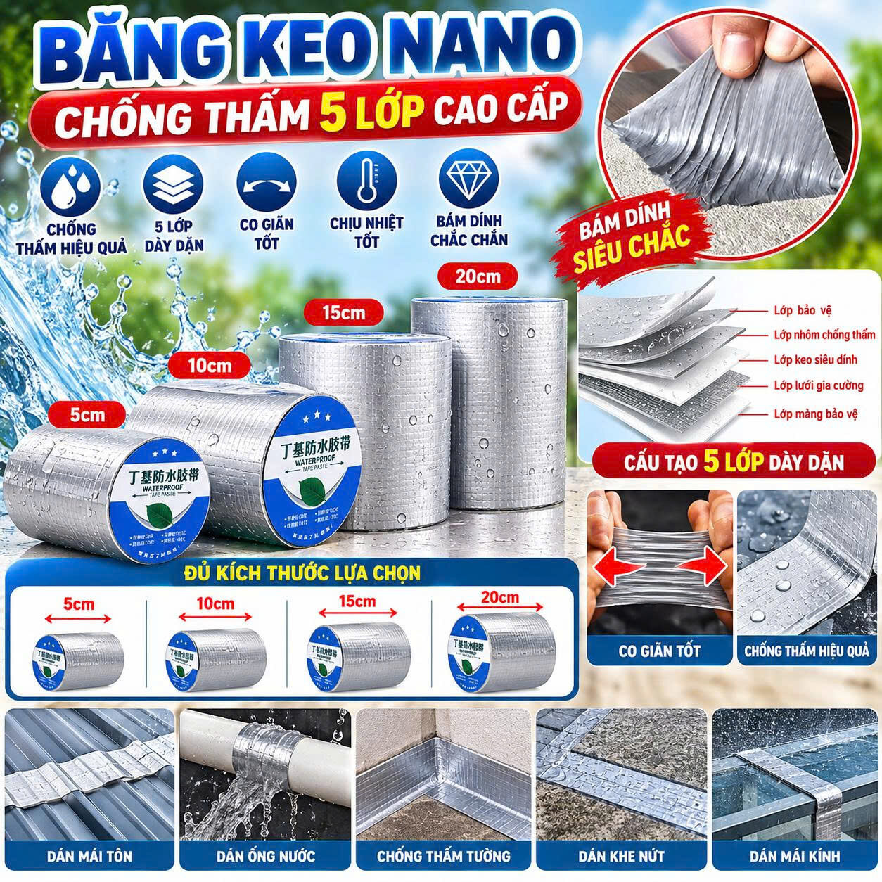 BĂNG KEO CHỐNG THẤM 5CM/10CM/20CM