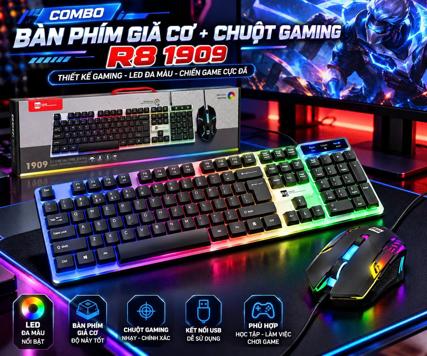 COMBO PHÍM CHUỘT CHUYÊN GAME CÓ DÂY R8 1909 1 COMBO PHÍM CHUỘT CHUYÊN GAME CÓ DÂY R8 1909