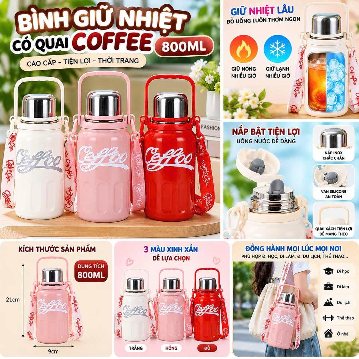 BÌNH GIỮ NHIỆT INOX COFFEE CÓ QUAI 800ML
