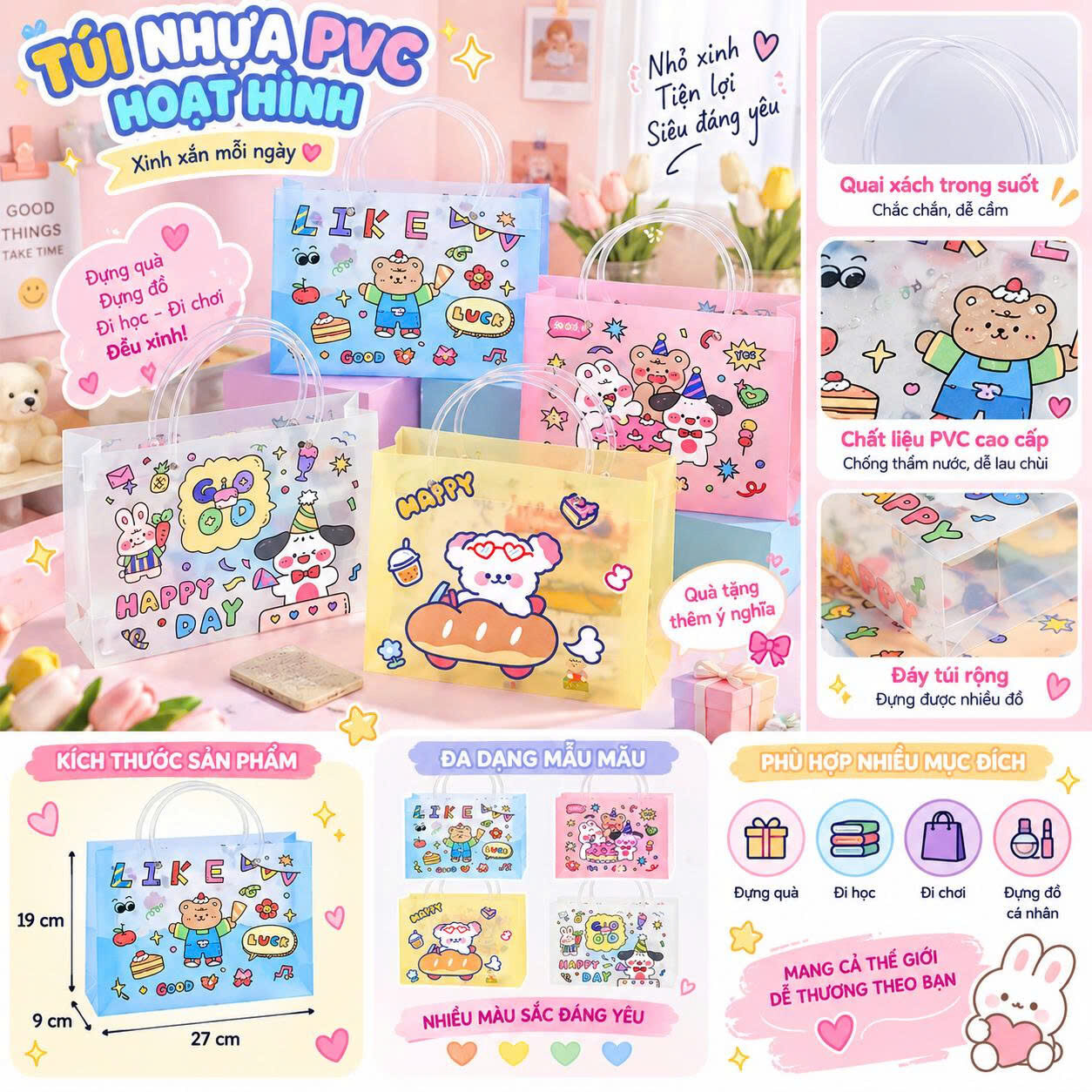 TÚI NHỰA PVC HOẠT HÌNH CÓ QUAI TRONG